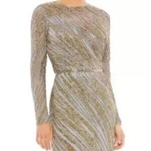 Mac Duggal Platinum Gold Beaded Long Sleeve Tulle Column Gown